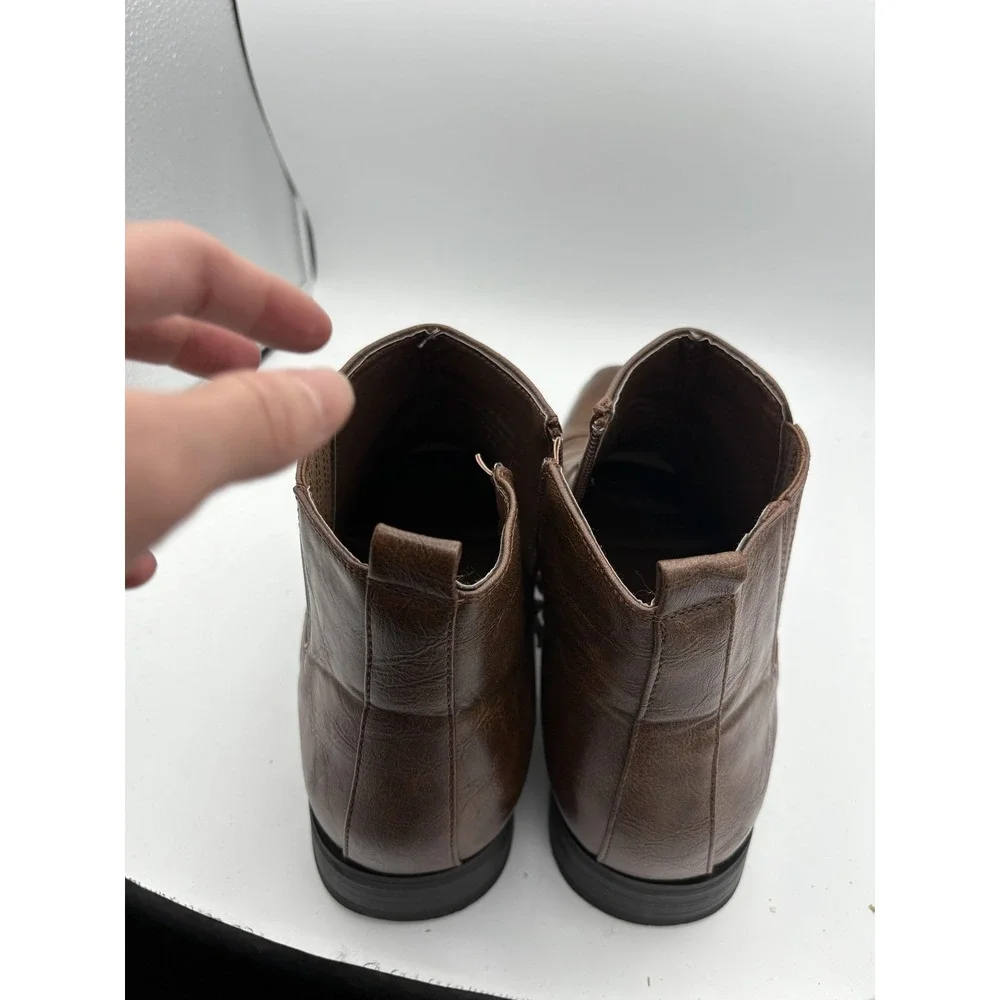 Brown Chelsea Boots Mens Size 9.5 Faux Leather Ankle Zip Square Toe Dress Casual